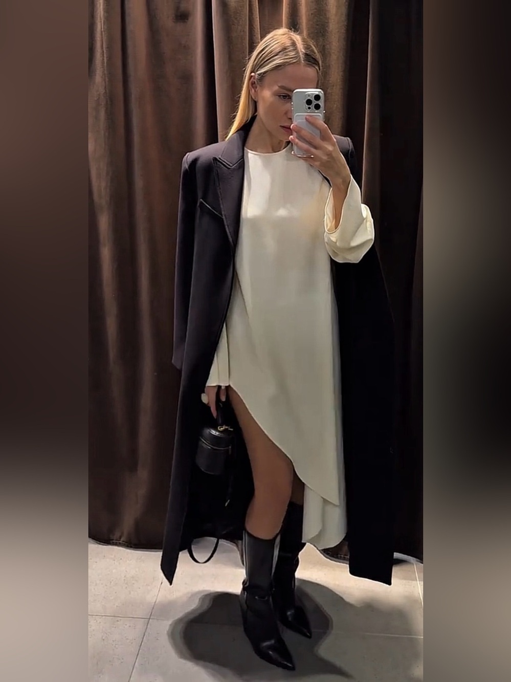 ZARA Cream Asymmetrical Long-Sleeve Shift Dress